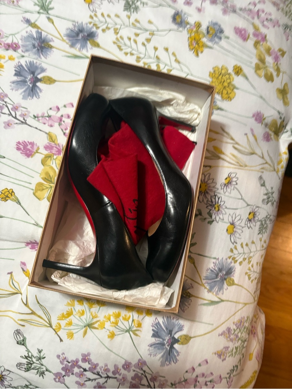 Christian Louboutin Black Leather Pointed-Toe Pumps with Red Soles